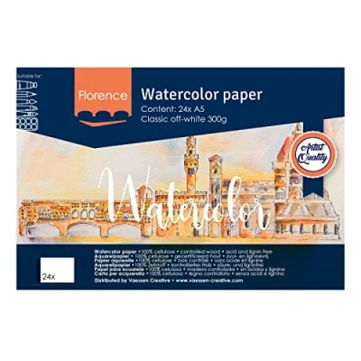 Image of Vaessen Creative Florence Watercolour Paper Pad A5, Off White, 300 GSM, Textured Surface, Artist Grade Quality, Sketchbook with 24 Sheets for Painting, Handlettering and Art Projects