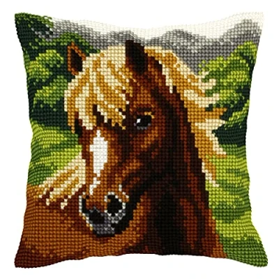 Image of Orchidea Cross Stitch Cushion Kit, Brown Horse, 40 x 40cm