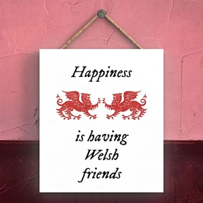 Image of Global Designs Happiness Welsh Friends Dragon Sign Decorative Hanging Wooden Plaque