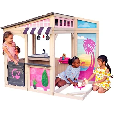 Image of KidKraft Barbie™ Seaside Wooden Playhouse for Kids, Outdoor Play House with Toy Kitchen and Garden Furniture Dolls, P280192E, Amazon Exclusive