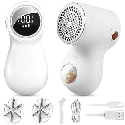Image of Pexo Electric Fabric Shaver Rechargeable Portable Lint Remover Debobbler Defuzzer For Clothes &amp; Furniture 6 Leaf Blade, 3 Speeds, USB Charging, LED Display, Dual Protection Fluff, Bobble Trimmer