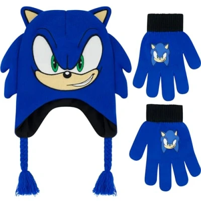 Image of Concept One Kids&#039; Sonic The Hedgehog Beanie Set, Knitted Winter Hat and Gloves, Tassels, Peruvian, Size