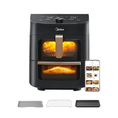 Image of Midea Vertical Dual Drawer Air Fryer, 10L Capacity, 2 Drawers &amp; Racks, 6 Functions, 8 Portions