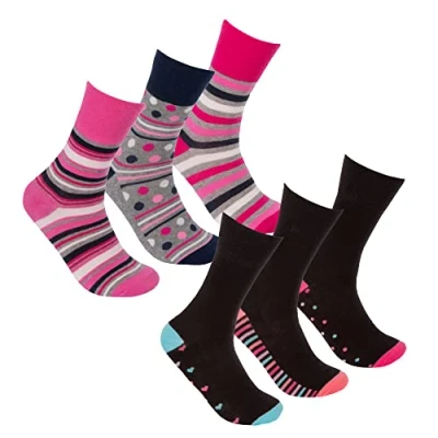 Image of Metzuyan Ladies Diabetic Socks Non Elastic Loose Top Cotton Rich Black Pink UK 4 8