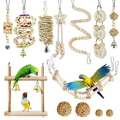 Image of Allazone Bird Parrot Toys, 13 PCS Hanging Bell Pet Cage Hammock Swing Toy Wooden Chewing for Conures, Love Birds, Small Parakeets Cockatiels, Macaws