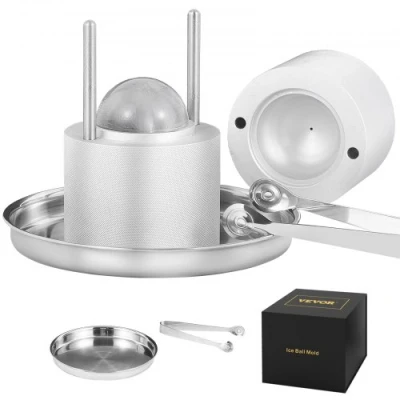 Image of VEVOR Ice Ball Press, 2.4&quot; Maker, Aircraft Al Alloy Press Kit for 60mm Sphere, with Tong and Drip Tray, Whiskey, Cocktail, Bourbon, Scot on Party &amp; Holiday, Silver