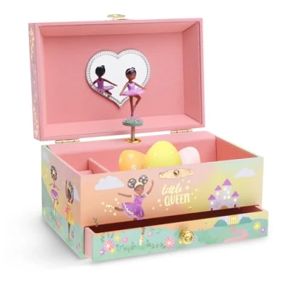 Image of Jewelkeeper Ballerina Jewelry Box for Girls with Black Ballerina, Little Queen Design Gold Foil, Swan Lake Tune Musical Jewellery Birthday Presents