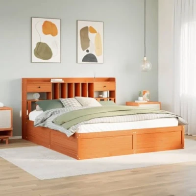 Image of vidaXL Bed Frame without Mattress Super King Solid Pine Wood, Wax Brown, Extra Storage, Slatted Base Support, Headboard Included, 203.5 x 184 65.5 cm