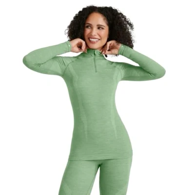 Image of FALKE Women&#039;s Wool Tech High Zip Neck W L/S SH Functional Yarn Quick Dry 1 Piece Base Layer Top, Green (Quiet 7378), L