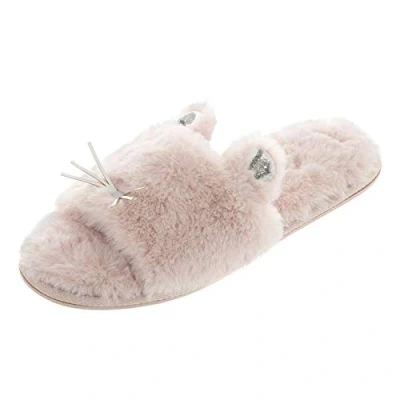 Image of Autumn Faith Ladies Sliders Kitty Cat Novelty Womens Slippers Pink Faux Fur Upper Silver Whiskers 3D Glitter Ears Non Slip Hard Sole 7 8 UK