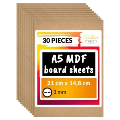 Image of Creative Deco 30 x A5 MDF Board Sheet 148 210 3mm Wood Wooden Blank for Drawing, Home Decor, Art and Craft, Painting, DIY Projects, Laser Cutter, CNC Cutting, Scroll Saw, Stenciling Pyrography