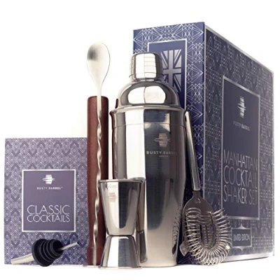 Image of Rusty Barrel Manhattan *Limited Edition* Cocktail Making Set Style Stainless Steel Shaker, Muddler, Strainer, Bar Measure, Pourer, Spoon &amp; Recipe Booklet Presented in a Luxury Gift Box