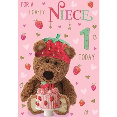 Image of ICG Niece 1st Birthday Card for Girls Barley Bear and Cake with Foil Finish