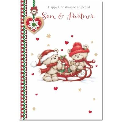 Image of doodlecards Son &amp; Partner Christmas Card Two Cute Bears on Sled Medium Size with Plain Red Envelope, 21 x 15cm