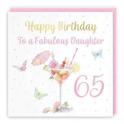 Image of Hunts England 65th Daughter Pink Cocktail And Butterflies Birthday Card Luxury Gold Foil Milo&#039;s Gallery Age 65 Drinks, Flowers, Hearts Elegant For Sixty Five