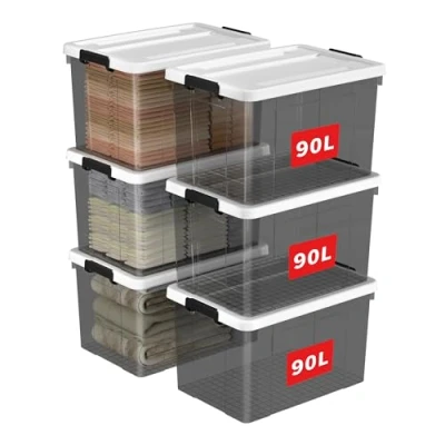 Image of Cetomo 90L*6 Storage Boxes, Plastic Box with Lids, Organizing Container Secure Latching Buckles, Stackable, Nestable, Large Bin for Home Clothes, 90L 6Pack, Clear Black