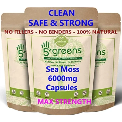 Image of Sea Moss Capsules 6000mg Wild Harvested, 120 Veg Capsules, Full Spectrum Chondrus Crispus, 100% Clean, Vegan, No Binders, Fillers, or Chemicals, UK Made by 5greens