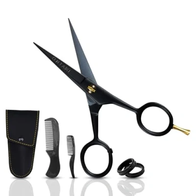 Image of ONTAKI 5 German Beard Scissors &amp; Mustache 2 Combs (Beard Comb + Comb) with Carrying Pouch Hand Forged Trimming Finger Rest (Black (5&quot; Inch Steel))