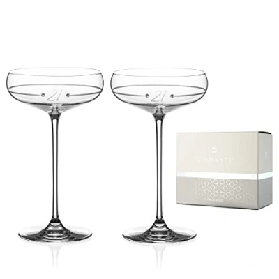 Image of DIAMANTE Swarovski 21st Birthday Ring Champagne Saucers Pair Crystal Cocktail Coupe Glasses with Hand Etched 21 and Crystals Gift Boxed Set of 2