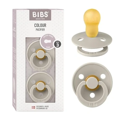 Image of BIBS Colour Soother 2 Pack, BPA Free Dummy Pacifier, Round Nipple. Natural Rubber Latex, Made in Denmark, Size 3 (18+ Months), Sand