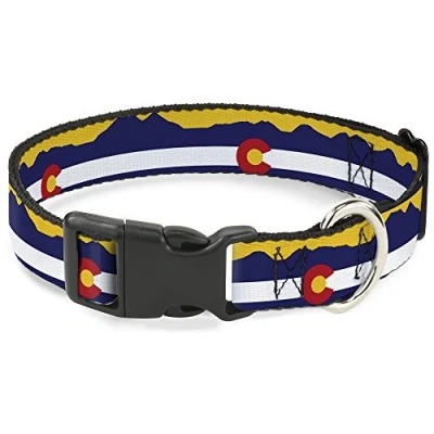 Image of Buckle Down Plastic Clip Collar Colorado Flag/Mountain Silhouette Yellow 1&quot; Wide Fits 15 26&quot; Neck Large