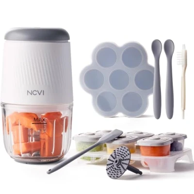 Image of NCVI Baby Food Processor Set, Mini Maker with 8 Stainless Steel Blades and Grinding Disc, Small Puree Maker, Blender Chopper for Weaning