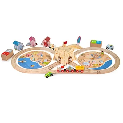 Image of Bigjigs Rail, Coastal Clean UpTrain Set, Wooden Toys, Train Toys for 3 4 5 6 Year Olds, Toy, Track, Traditional Set