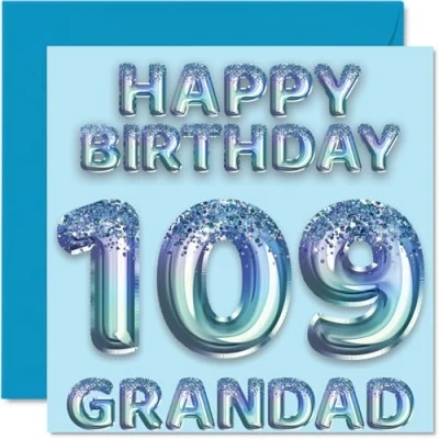 Image of 109th Birthday Card for Grandad Blue Glitter Party Balloons Happy Cards 109 Year Old from Grandson Granddaughter, 145mm x Bday Greeting Gift
