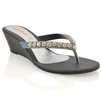 Image of New Womens Low Heel Wedge Diamante Sandals Ladies Toe Post Sparkly Slip ON Shoes Black