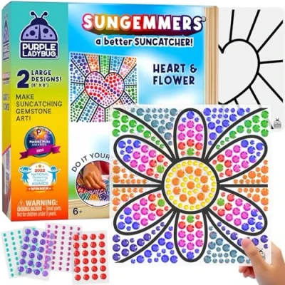 Image of SUNGEMMERS Heart &amp; Flower Design Suncatcher Window Art Mess Free Craft Kits for Kids Age 6+ with Gemstone Stickers Great 6 Year Old Girl Gifts Toys Fun Arts and Crafts 7 8 9 10