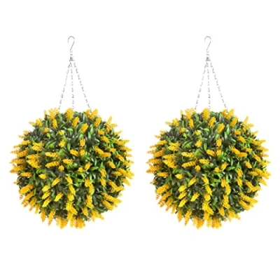 Image of Best Artificial Pair of 38cm Yellow Lavender Flower Balls Lush Long Leaf Hanging Topiary Grass **UV Fade Protected**