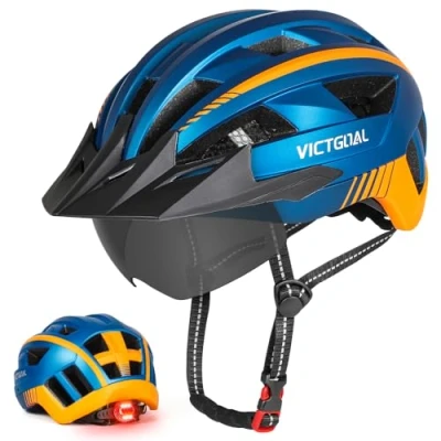 Image of Victgoal Bike Helmet for Men Women with Led Light Detachable Magnetic Goggles Visor Mountain &amp; Road Bicycle Helmets Adjustable Size Adult Cycling (XL: 23.2 24.8 inch (59 63 cm), Blue)