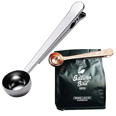Image of MINGZE Stainless Steel Coffee Measuring Scoop, with Bag Seal Clip Spoon for Milk Powder Tea Oatmeal, Ground and Beans, Great Gift Basket Idea (Silver)