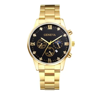 Image of JewelryWe Men&#039;s Stainless Steel Watch: Round Analog Luminous Quartz Calendar Watches Rhinestone Casual Business Gold Wristwatch Bracelet Watch