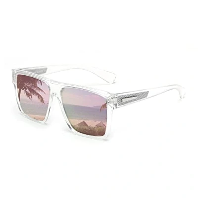 Image of JIM HALO Retro Polarized Sunglasses Men Women Flat Top Square Driving Glasses (Clear Frame / Mirror Pink Lens)