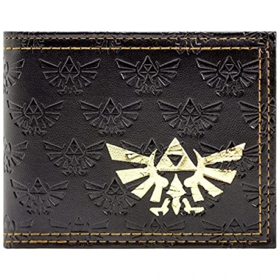 Image of Link&#039;s Awakening Legend of Zelda Embossed Golden Triforce Artifact Wallet Bi Fold Coin Pocket &amp; Card Holder, Black