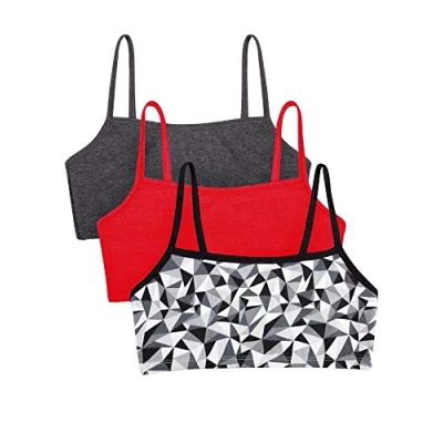 Image of Fruit of the Loom Women&#039;s Spaghetti Strap Cotton Pull Over 3 Pack Sports Bra in Fashion Colors, Opaque, Kaleidoscope/Anthracite/Red Hot, 14 (Pack 3)