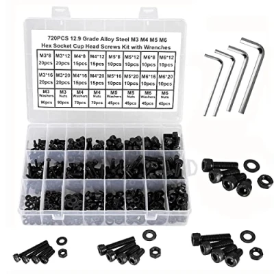 Image of FandWay 720Pcs 12.9 Grade Alloy Steel M3 M4 M5 M6 Hex Socket Head Cap Screws,Hex Machine Screws, Bolts,Nuts and Washers Assortment Set Kit with 4 Wrenches (Black)