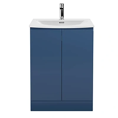 Image of Hudson Reed URB308G Urban Modern Bathroom Floor Standing 2 Soft Close Doors Vanity Unit with Round Ceramic Basin 30mm Profile, 600mm, Satin Blue