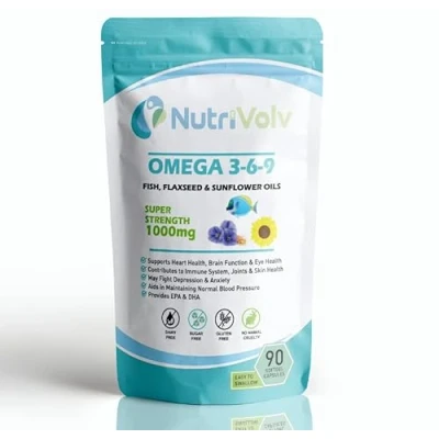 Image of Nutrivolv Omega 3 6 9 Triple Strength Fish Oil &amp; Flaxseed Blend High EPA DHA Heart Health, Brain Function Eye Health Essential Fatty Acids 90 Gelatine Softgels