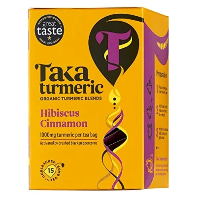 Image of Taka Turmeric, 1 pack (15 Teabags) Organic Hibiscus &amp; Cinnamon Tea Bags with Turmeric Black Peppercorns, Tea, Caffeine Free Detox No Added Flavourings, Recyclable Packaging