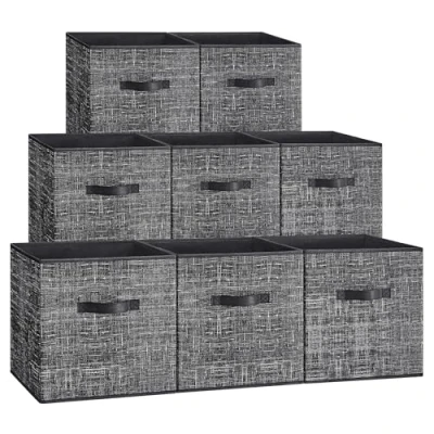 Image of SONGMICS Storage Cubes, 33 cm Non Woven Fabric Bins with Double Handles, Set of 8, Wardrobe Organisers for Shelves, Foldable, Clothes, Ink Black ROB833B01