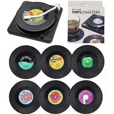Image of Litensh 6pcs Retro CD Vinyl Record Coasters, Non Slip Rubber Drink Mats Coaster Insulated Round Tea Coffee Cup Drinks Tabletop Protection Prevents Slipping Holder
