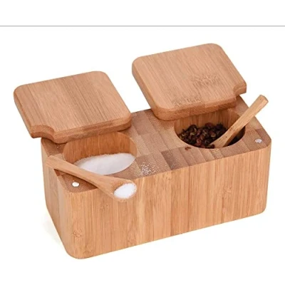 Image of Bamboo Swivel Salt Pepper Spice Box Cellars Pinch Pot with Magnetic Lid 2 for Herbs and Spices + 2pcs Mini Spoon