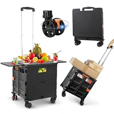 Image of Foldable Shopping Trolley with Extended Lid Wear Resistant Noiseless 360Rotate Wheels &amp; Adjustable Aluminum Alloy Handle Folding Boot Cart, 80KG/176LBS Load Capacity, Heavy Duty Durable Dolly Cart
