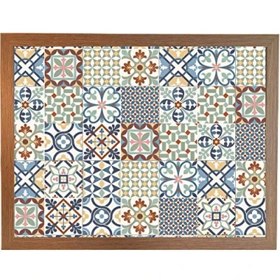 Image of Meditteranean Tile Lap Tray with Cushion: Colourful Bean Bag Cushioned Laptop Desk, Padded TV Dinner Food Table for Eating (Bright Wood)
