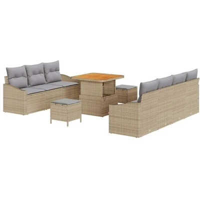 Image of vidaXL 10 Piece Garden Sofa Set with Cushions Beige Poly Rattan Acacia