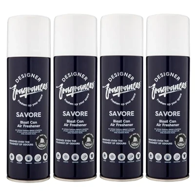 Image of Designer Fragrances 4 Pack Savore Air Freshener Blast Cans For Home &amp; Vehicles Natural Oils, Luxury Lasting Smell, Dry Mist Quick Release Spray Deodorise Neutralise Odours 300ml