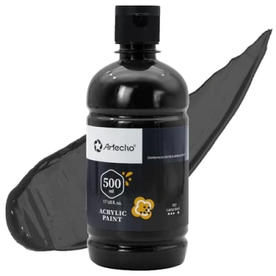 Image of Artecho Lamp Black Acrylic Paint 500ml/17oz, Craft for Art Supply, Ideal Canvas, Fabric, Pumpkin, Rock, Leather, Model, Ceramic, Plastic, Clay, Glass.