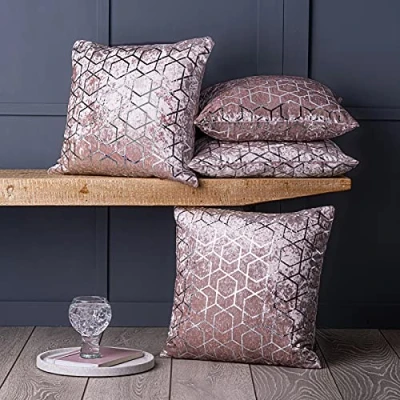 Image of Luxury Metallic Pink Crushed Velvet Geometric Cushion Covers, 18&quot; x 18&quot;, Set of 4 by Red Rainbow